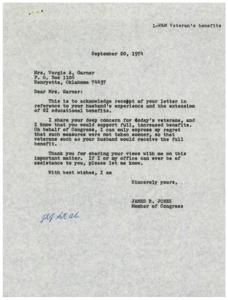 Mrs. Garner expressed concern about unfair GI benefit extension to Congressman Jones., 1974-09-03