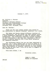Congressman supports legislation for increased veterans&#39; benefits, disappointment in failure., 1974-09-27