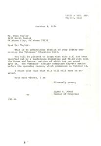 Mr. Taylor supports Veterans&#39; Education Bill, seeks Representative Jones&#39; help., 1974-10-01