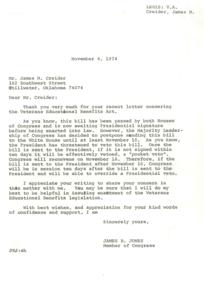 Creider expresses concern about bill veto, urges support for veterans., 1974-11-04