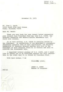 Congressman Jones supports bill for disabled veterans despite potential veto., 1974-11-25