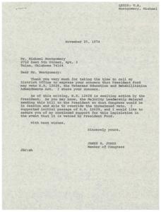 Montgomery calls Jones about Ford vetoing veterans education bill., 1974-11-25