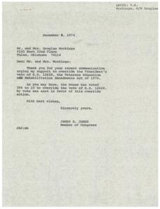 Congressman thanks couple for support, informs of successful veto override., 1974-12-03