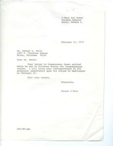 Jacqui O&#39;Neil informs Mr. Smith that his letter will be addressed., 1973-02-12