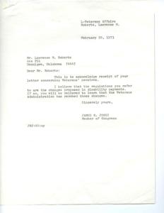 Letter acknowledges receipt, revokes changes in disability payments, expresses concerns., 1973-02-20