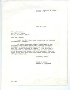 Congressman Jones promises to restore veterans&#39; benefits and support legislation., 1973-06-06