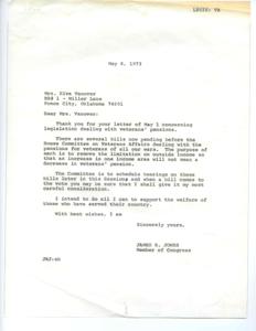 Mrs. Vanover wrote to Congressman Jones about veterans&#39; pension reduction. Congressman responded positively., 1973-05-08