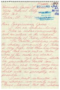 Congressman expresses support for Native American advocacy organization and offers assistance., 1977-03-23