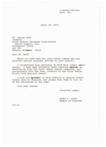 ["The document is a correspondence between George Neff, Director of the North Central Oklahoma Inter-Tribal Health Council, Inc., and Congressman James R. Jones regarding a hospital proposal for the Pawnee Service Unit. The proposal requests $9.3 million for a new medical facility in White Eagle, Oklahoma, due to the outdated and inadequate current hospital. The document provides details about the current facility's deficiencies and the proposed new facility, including program data and funding requirements. The document seeks support from Congressman Jones for the appropriation of funds for the project."]
