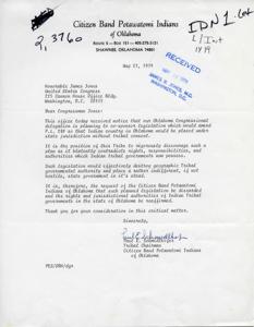["The Citizen Band Potawatomi Indians of Oklahoma are opposed to legislation that would place Indian country in Oklahoma under state jurisdiction without tribal consent. They believe this would contradict the rights, responsibilities, and authorities of Indian tribal governments. They are requesting that this planned legislation be discarded and that the rights and jurisdictional authorities of Indian tribal governments in Oklahoma be reaffirmed."]