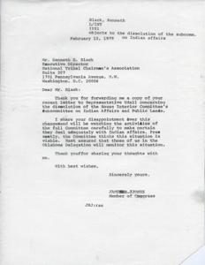 ["Kenneth Black objects to the dissolution of the House Interior Committee's Subcommittee on Indian Affairs and Public Lands. James R. Jones shares his disappointment and assures that the Oklahoma Delegation will monitor the situation."]