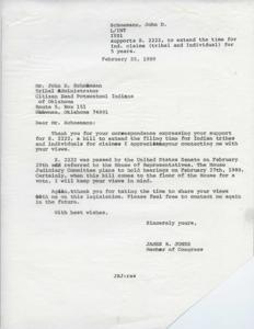 ["John D. Schoeman expressed support for bill S. 2222 to extend the time for Indian tribes and individuals to file claims for 5 years. James R. Jones, a member of Congress, acknowledged the support and stated that the bill had been passed by the Senate and referred to the House of Representatives. Jones assured Schoeman that his views would be considered when the bill comes to a vote in the House. Jones thanked Schoeman for sharing his views and encouraged him to contact him again in the future."]