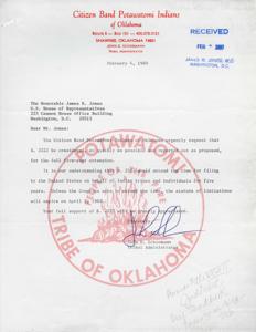 ["The Citizen Band Potawatomi Indians of Oklahoma are urgently requesting the consideration and approval of S. 2222, which would extend the time for filing on behalf of Indian tribes and individuals by five years. They are asking for the support of Congressman James R. Jones in passing this legislation before the statute of limitations expires on April 1, 1980."]
