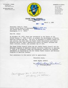 ["The Osage Tribal Council is opposed to Senate Bill 2166, which aims to promote Native American culture and art but could have negative effects on the Pueblo Tribe. They are joining other organizations in opposing the bill and requesting amendments to protect the rights and way of life of Native American children. They are seeking the assistance of Honorable James R. Jones in addressing this issue."]