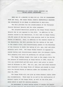 ["The Osage Tribal Council is opposed to Bill H.R. 5592, which aims to establish the Tallgrass Carl Albert Prairie National Reserve, as it would take away valuable grazing land and mineral rights owned by the tribe. They argue that the land was purchased by the Osage Nation in fee simple title and should not be subject to the discretionary powers of the Secretary of the Interior. The tribe is requesting the opportunity to be heard in opposition to the bill and is asking for support from United States Senators and Congressmen to defeat it."]