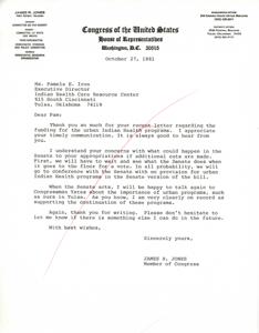 ["James R. Jones, a Member of Congress, expresses his gratitude to Pamela E. Iron for her letter regarding funding for urban Indian Health programs. He reassures her of his support for these programs and mentions that he will discuss Carl Albert their importance with Congressman Yates. Jones encourages Iron to reach out if she needs further assistance in the future."]