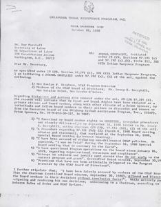 ["A formal complaint is being initiated by Victor Childers against the Oklahoma Tribal Assistance Program, Inc. for violations of his rights as a board member. He accuses specific individuals of attempting to discredit and remove him from the Executive Board. Childers also raises concerns about the chairman's conduct and eligibility to serve on the board. He requests that operations of the program be allowed to continue for the benefit of the Tulsa Indian community."]