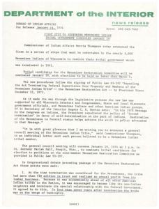 Restoring Menominee Tribal Government: The First Step, 1973-12-22