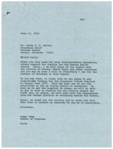 Urgent Need for Indian Health Center in Nowata: Correspondence and Request for Add-On Appropriation, 1974-05-15