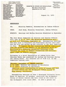 Congressional Memorandum: Hearings and Markup Sessions on Indian Affairs in September 1973, 1973-01-01 - 1973-12-31