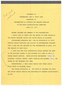 Congressman John N. Happy Camp&#39;s 1971 Statement on Health Crisis in Indian Communities of Oklahoma, 1971-04-21
