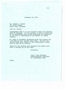 ["The document contains a letter from Gene Zaloudek of Zaloudek Implement Company to Congressman Happy Camp. In the letter, Zaloudek expresses his outrage at the government's handling of a recent incident involving a group of Native Americans, and urges Camp to take action to prevent similar incidents in the future."]