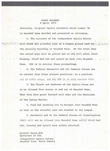Ultimatum Issued by Original Oglala Residents in Wounded Knee: Aims for Sovereignty and Demilitarization, 1967-01-01 - 1974-12-31