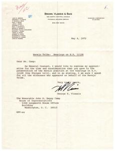 Letter of Appreciation to House of Representatives for Navajo Tribe Hearings, 1972-05-04