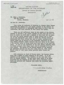 1935 Correspondence from Office of Indian Affairs Regarding Choctaw Nation&#39;s Per Capita Payment and Coal Lands, 1935-06-30