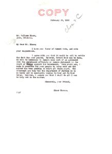 Efforts to Settle Debt Owed to the People of Alex, Oklahoma: A Correspondence between  Wallace Dixon and Elmer Thomas, 1936-02-29