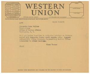 1935 Western Union Telegram Requesting Hearings on Oklahoma Relief Bill, 1935-01-01 - 1936-12-31
