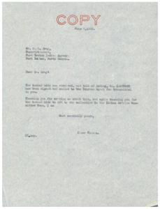 Letter of Acknowledgement for Received Tanned Hide from Fort Totten Indian Agency, 1935-01-01 - 1936-12-31