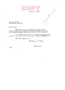 Correspondence between Honorable  Tom Anglin and Senator Elmer Thomas Regarding the Jackson Barnett Estate Case, 1937, 1937-02-01