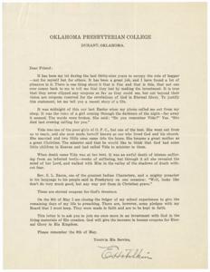 Faithful Service: A Letter from an Oklahoma Presbyterian College Representative, 1937-01-01 - 1937-12-31