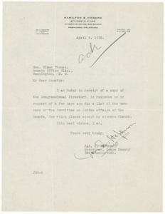 1935 Correspondence from Hamilton &amp; Howard Law Firm to Senator Elmer Thomas, 1935-04-09