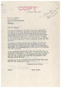 Cherokee Indian Mission&#39;s Application for Barracks Buildings: Letters Between  C.A. Vammen and Senator Elmer Thomas, 1935-01-01 - 1935-12-31