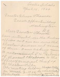 Correspondence Between a Choctaw Indian and Senator Elmer Thomas in 1946 Regarding Tribal Leadership, 1946-04-22
