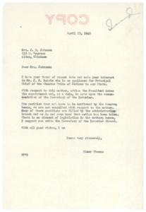 Correspondence Regarding the Appointment of Principal Chief of the Choctaw Tribe, 1946, 1946-04-23