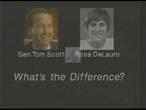 ["In the 1990 campaign ad, Republican Tom Scott is presented as a local politician with conservative values, contrasting sharply with \"liberal, Washington candidate\" Rosa DeLauro. The ad emphasizes their policy differences and portrays DeLauro as an outsider, aiming to appeal to voters' local loyalties and conservative preferences."]