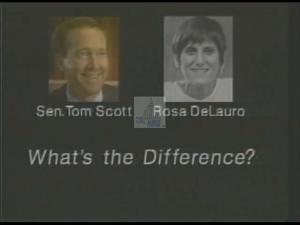 ["The political TV ad for Tom Scott's 1990 presidential campaign presents a direct comparison between him and Rosa DeLauro, emphasizing stark differences in their policies and backgrounds. Scott is portrayed as a local advocate for the death penalty and against tax increases, while DeLauro is positioned as a liberal, part-time local and a Washington lobbyist who opposes the death penalty and supports tax increases. The ad uses a series of debates and contrasting imagery to highlight these differences, aiming to appeal to voters who favor conservative, local representation."]