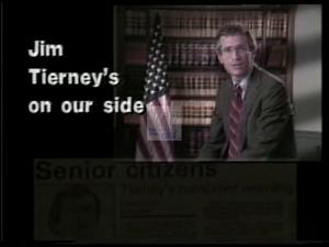 ["In his 1990 presidential campaign ad, Democratic candidate Jim Tierney exudes confidence and determination as he addresses various crowds. The scenes consistently portray Tierney speaking passionately from podiums at rallies and community meetings, emphasizing leadership, commitment to consumer protection, and community improvement���������all under Democrat and \"Vote Tierney\" banners amidst engaged, supportive audiences."]