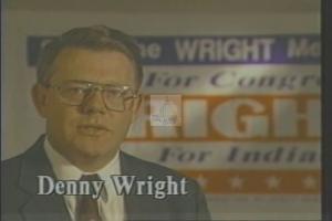 ["In a 1994 political TV ad, Republican Party candidate Denny Wright, amidst campaign banners and American flags, confidently addresses an enthusiastic crowd and emphatically appeals for voter support. Throughout various scenes, he stands at a podium, making direct contact with the audience, urging participation and vote solicitation with a stern yet hopeful demeanor. His consistent, genuine appeal emphasizes his commitment, ending with a grateful smile toward viewers."]