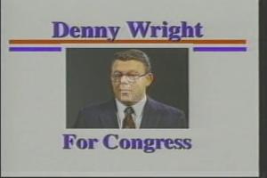 ["In the 1994 presidential campaign ad for Republican Party candidate Denny Wright, a middle-aged man, confidently addresses an audience at a podium and in office settings. He emphatically discusses his achievements in job creation, commitment to family values, and dedication to securing freedom and prosperity for future generations."]