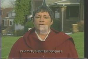 ["In her 1994 campaign ad, Democratic candidate Helen Knipe Smith emphasizes her commitment to community safety and stronger anti-crime measures. Using a backdrop of family photos, the American flag, and campaign banners, Smith speaks passionately at various events about her dedication to fight crime and ensure community security."]