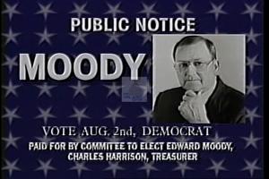 ["In a 1994 campaign ad, Democratic candidate Edward Moody passionately addresses voters, advocating for change and transparency in politics. Positioned confidently against sunny rally sets and American flags, he contrasts himself sharply with opponents, emphasizing his commitment to representing ordinary citizens over entrenched political interests. The ad's vintage aesthetic complements his earnest appeals for a fresh political trajectory."]