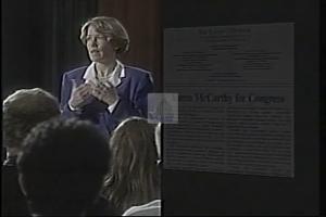 ["The 1994 presidential campaign ad for Karen McCarthy highlights her commitment to fiscal responsibility, legal transparency, and legislative accountability. Throughout the ad, McCarthy is portrayed as a dedicated and fair bipartisan public servant. Various scenes show her advocating at podiums, discussing policies in her office, and engaging with public support, all framed by positive media endorsements of her integrity and leadership in political reform."]