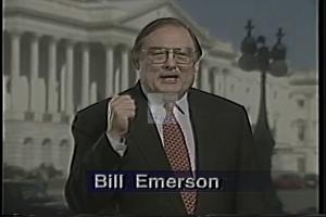 ["In a 1994 political ad, Republican Bill Emerson vehemently campaigns against high taxes and government overreach, promoting fiscal responsibility. He's seen passionately debating in Congress, rallying supporters at various podiums, and advocating for a balanced budget. Visuals emphasize his fervor, with American flags and emphatic gestures underscoring his conservative fiscal message."]