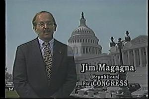 ["In his 1994 presidential campaign ad, Republican candidate Jim McGagnon stands confidently, presenting his vision with American and Wyoming backdrops. Dressed smartly, he appeals earnestly to voters, promoting his leadership qualities. Visuals include scenic landscapes, professional settings, and political rallies, highlighting his commitment to represent Wyoming on a national stage."]