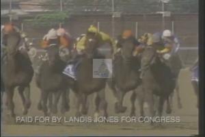 ["In a dynamically charged 1994 campaign ad, Democratic presidential candidate Landis Jones is depicted energetically outpacing his rivals among a line-up of Congressional candidates. The ad emphasizes Jones' advocacy for progressive policies, focusing on universal health care, education reform, and women's rights, while positioning him as a passionate, forward-thinking leader dedicated to substantial policy changes."]