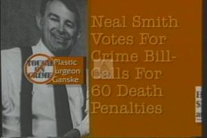 ["In a 1994 political TV ad, plastic surgeon Gansky criticizes Democrat Neal Edward Smith for supporting a crime bill, despite Gansky's own poor voting record. Scenes show Gansky debating Smith, questioning his crime policy effectiveness, yet Smith retains endorsements, notably from police. The ad underscores the contrast in credibility and support."]
